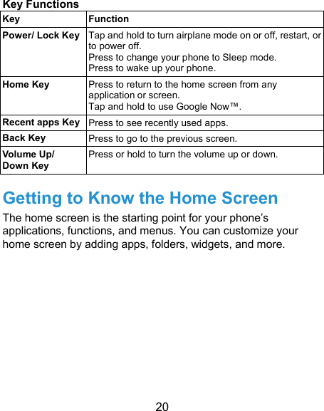  20 Key Functions Key Function Power/ Lock Key Tap and hold to turn airplane mode on or off, restart, or to power off. Press to change your phone to Sleep mode. Press to wake up your phone. Home Key Press to return to the home screen from any application or screen. Tap and hold to use Google Now™. Recent apps Key Press to see recently used apps. Back Key Press to go to the previous screen. Volume Up/ Down Key Press or hold to turn the volume up or down. Getting to Know the Home Screen The home screen is the starting point for your phone’s applications, functions, and menus. You can customize your home screen by adding apps, folders, widgets, and more.  
