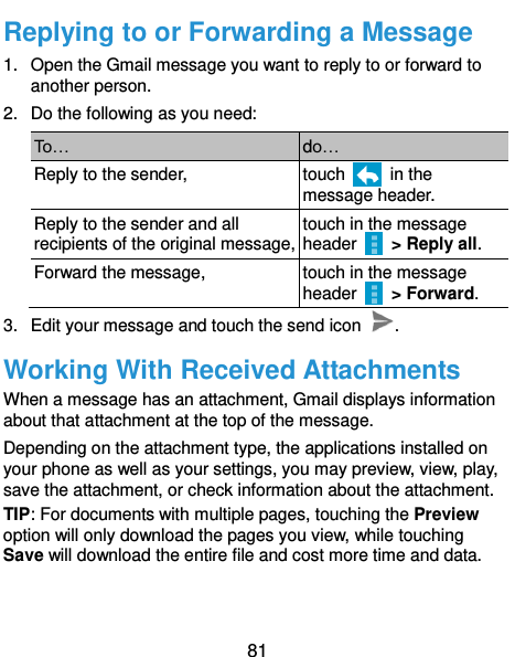  81 Replying to or Forwarding a Message 1.  Open the Gmail message you want to reply to or forward to another person. 2.  Do the following as you need: To… do… Reply to the sender, touch    in the message header. Reply to the sender and all recipients of the original message, touch in the message header    &gt; Reply all. Forward the message, touch in the message header    &gt; Forward. 3.  Edit your message and touch the send icon  . Working With Received Attachments When a message has an attachment, Gmail displays information about that attachment at the top of the message. Depending on the attachment type, the applications installed on your phone as well as your settings, you may preview, view, play, save the attachment, or check information about the attachment. TIP: For documents with multiple pages, touching the Preview option will only download the pages you view, while touching Save will download the entire file and cost more time and data. 