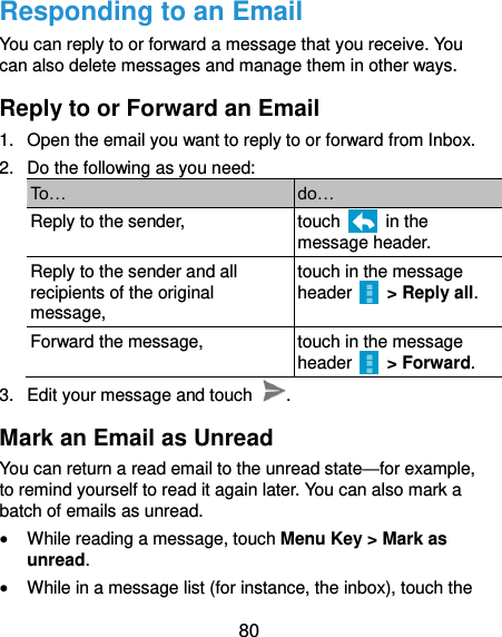  80 Responding to an Email You can reply to or forward a message that you receive. You can also delete messages and manage them in other ways. Reply to or Forward an Email 1.  Open the email you want to reply to or forward from Inbox. 2.  Do the following as you need: To… do… Reply to the sender, touch    in the message header. Reply to the sender and all recipients of the original message, touch in the message header    &gt; Reply all. Forward the message, touch in the message header    &gt; Forward. 3.  Edit your message and touch  . Mark an Email as Unread You can return a read email to the unread state—for example, to remind yourself to read it again later. You can also mark a batch of emails as unread.  While reading a message, touch Menu Key &gt; Mark as unread.  While in a message list (for instance, the inbox), touch the 