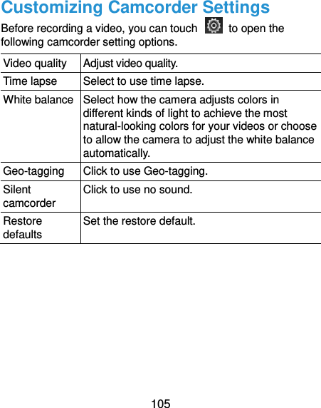  105 Customizing Camcorder Settings Before recording a video, you can touch    to open the following camcorder setting options. Video quality Adjust video quality. Time lapse Select to use time lapse. White balance  Select how the camera adjusts colors in different kinds of light to achieve the most natural-looking colors for your videos or choose to allow the camera to adjust the white balance automatically. Geo-tagging Click to use Geo-tagging. Silent camcorder Click to use no sound. Restore defaults Set the restore default.     