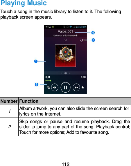  112 Playing Music Touch a song in the music library to listen to it. The following playback screen appears.  Number Function 1 Album artwork, you can also slide the screen search for lyrics on the Internet. 2 Skip  songs  or  pause  and  resume  playback.  Drag  the slider to jump to any part of the song. Playback control; Touch for more options; Add to favourite song.   
