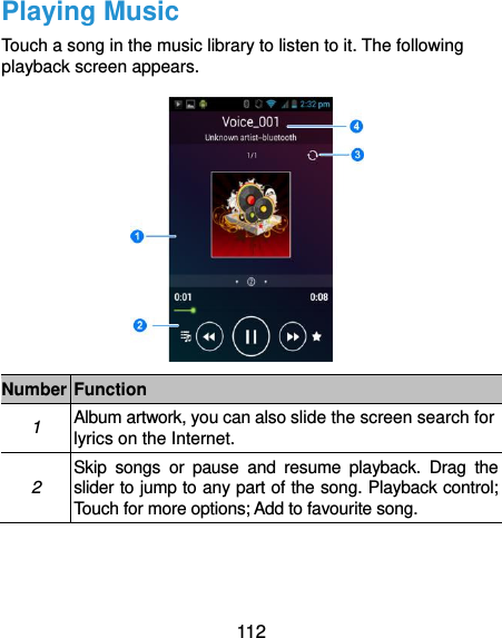  112 Playing Music Touch a song in the music library to listen to it. The following playback screen appears.  Number Function 1 Album artwork, you can also slide the screen search for lyrics on the Internet. 2 Skip  songs  or  pause  and  resume  playback.  Drag  the slider to jump to any part of the song. Playback control; Touch for more options; Add to favourite song.   