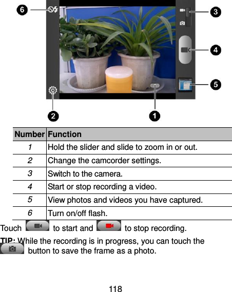  118  Number Function 1 Hold the slider and slide to zoom in or out. 2 Change the camcorder settings. 3 Switch to the camera. 4 Start or stop recording a video. 5 View photos and videos you have captured. 6 Turn on/off flash. Touch    to start and    to stop recording.   TIP: While the recording is in progress, you can touch the   button to save the frame as a photo. 