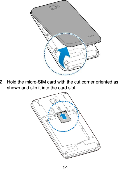  14  2.  Hold the micro-SIM card with the cut corner oriented as shown and slip it into the card slot.    
