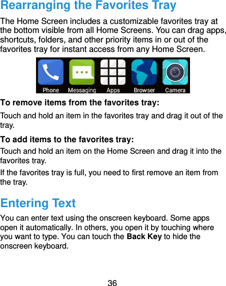  36 Rearranging the Favorites Tray The Home Screen includes a customizable favorites tray at the bottom visible from all Home Screens. You can drag apps, shortcuts, folders, and other priority items in or out of the favorites tray for instant access from any Home Screen.  To remove items from the favorites tray: Touch and hold an item in the favorites tray and drag it out of the tray. To add items to the favorites tray: Touch and hold an item on the Home Screen and drag it into the favorites tray.   If the favorites tray is full, you need to first remove an item from the tray. Entering Text You can enter text using the onscreen keyboard. Some apps open it automatically. In others, you open it by touching where you want to type. You can touch the Back Key to hide the onscreen keyboard. 