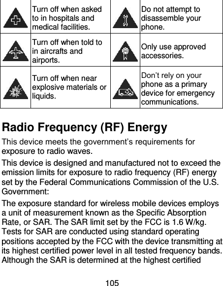 105  Turn off when asked to in hospitals and medical facilities.  Do not attempt to disassemble your phone.  Turn off when told to in aircrafts and airports.  Only use approved accessories.  Turn off when near explosive materials or liquids.  Don’t rely on your phone as a primary device for emergency communications.    Radio Frequency (RF) Energy This device meets the government’s requirements for exposure to radio waves. This device is designed and manufactured not to exceed the emission limits for exposure to radio frequency (RF) energy set by the Federal Communications Commission of the U.S. Government: The exposure standard for wireless mobile devices employs a unit of measurement known as the Specific Absorption Rate, or SAR. The SAR limit set by the FCC is 1.6 W/kg. Tests for SAR are conducted using standard operating positions accepted by the FCC with the device transmitting at its highest certified power level in all tested frequency bands. Although the SAR is determined at the highest certified 