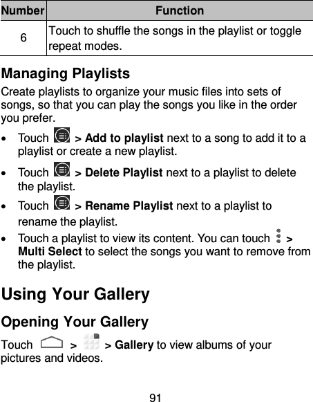 91 Number Function 6 Touch to shuffle the songs in the playlist or toggle repeat modes. Managing Playlists Create playlists to organize your music files into sets of songs, so that you can play the songs you like in the order you prefer.   Touch   &gt; Add to playlist next to a song to add it to a playlist or create a new playlist.   Touch    &gt; Delete Playlist next to a playlist to delete the playlist.   Touch    &gt; Rename Playlist next to a playlist to rename the playlist.   Touch a playlist to view its content. You can touch   &gt; Multi Select to select the songs you want to remove from the playlist. Using Your Gallery Opening Your Gallery Touch   &gt;   &gt; Gallery to view albums of your pictures and videos. 