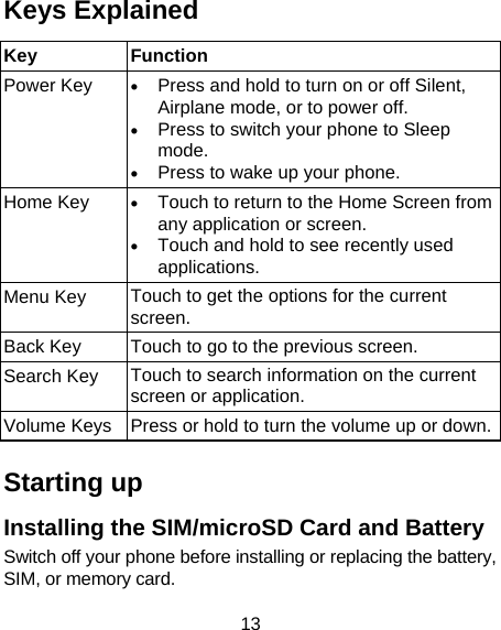 13 Keys Explained   Key Function Power Key  • Press and hold to turn on or off Silent, Airplane mode, or to power off. • Press to switch your phone to Sleep mode. • Press to wake up your phone. Home Key  • Touch to return to the Home Screen from any application or screen. • Touch and hold to see recently used applications. Menu Key  Touch to get the options for the current screen. Back Key  Touch to go to the previous screen. Search Key  Touch to search information on the current screen or application. Volume Keys  Press or hold to turn the volume up or down. Starting up Installing the SIM/microSD Card and Battery Switch off your phone before installing or replacing the battery, SIM, or memory card.   