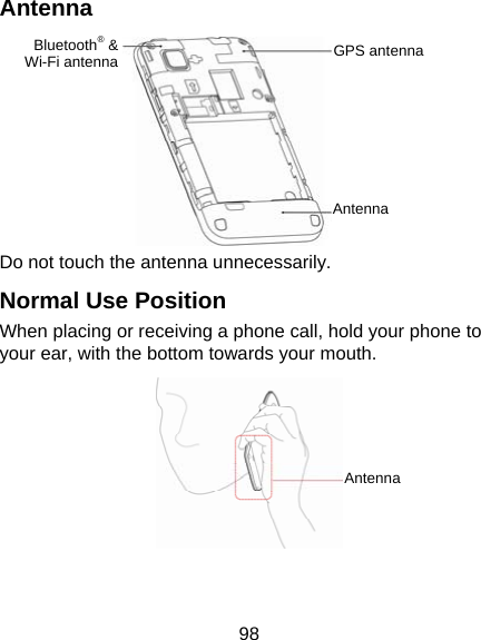 98 Antenna        Do not touch the antenna unnecessarily. Normal Use Position When placing or receiving a phone call, hold your phone to your ear, with the bottom towards your mouth.  GPS antennaAntenna Bluetooth® &amp; Wi-Fi antennaAntenna 