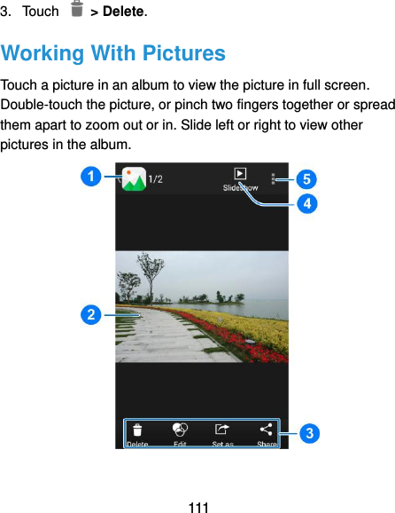  111 3.  Touch    &gt; Delete.   Working With Pictures Touch a picture in an album to view the picture in full screen. Double-touch the picture, or pinch two fingers together or spread them apart to zoom out or in. Slide left or right to view other pictures in the album.   