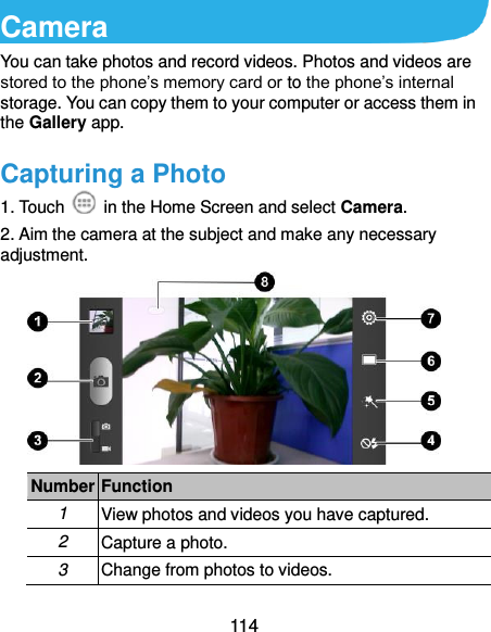  114 Camera You can take photos and record videos. Photos and videos are stored to the phone’s memory card or to the phone’s internal storage. You can copy them to your computer or access them in the Gallery app. Capturing a Photo 1. Touch    in the Home Screen and select Camera. 2. Aim the camera at the subject and make any necessary adjustment.  Number Function 1 View photos and videos you have captured. 2 Capture a photo. 3 Change from photos to videos. 