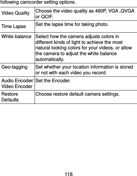  118 following camcorder setting options. Video Quality Choose the video quality as 480P, VGA ,QVGA or QCIF.   Time Lapse   Set the lapse time for taking photo. White balance Select how the camera adjusts colors in different kinds of light to achieve the most natural looking colors for your videos, or allow the camera to adjust the white balance automatically. Geo-tagging Set whether your location information is stored or not with each video you record. Audio Encoder/ Video Encoder Set the Encoder. Restore Defaults Choose restore default camera settings.     
