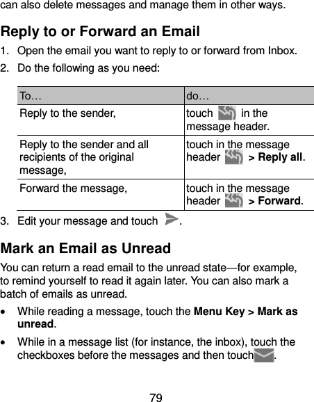  79 can also delete messages and manage them in other ways. Reply to or Forward an Email 1.  Open the email you want to reply to or forward from Inbox. 2.  Do the following as you need: To… do… Reply to the sender, touch    in the message header. Reply to the sender and all recipients of the original message, touch in the message header    &gt; Reply all. Forward the message, touch in the message header    &gt; Forward. 3.  Edit your message and touch  . Mark an Email as Unread You can return a read email to the unread state—for example, to remind yourself to read it again later. You can also mark a batch of emails as unread.  While reading a message, touch the Menu Key &gt; Mark as unread.  While in a message list (for instance, the inbox), touch the checkboxes before the messages and then touch .  