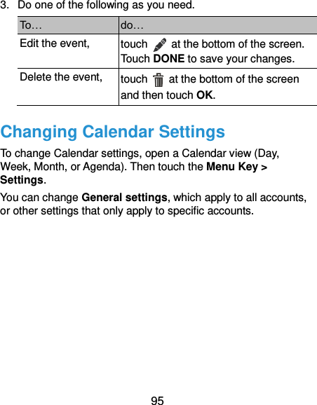  95 3.  Do one of the following as you need. To… do… Edit the event, touch    at the bottom of the screen. Touch DONE to save your changes. Delete the event, touch    at the bottom of the screen and then touch OK. Changing Calendar Settings To change Calendar settings, open a Calendar view (Day, Week, Month, or Agenda). Then touch the Menu Key &gt; Settings. You can change General settings, which apply to all accounts, or other settings that only apply to specific accounts.      