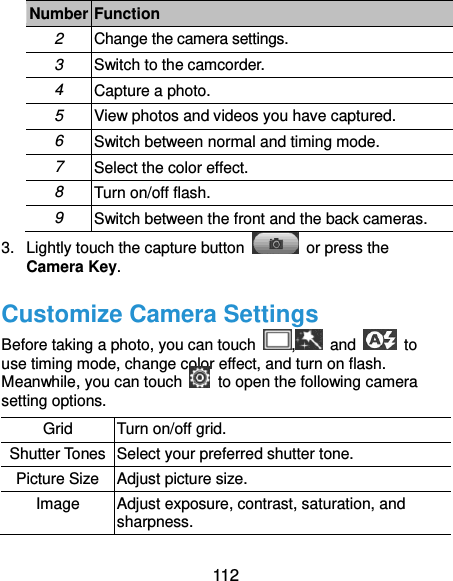 112 Number Function 2 Change the camera settings. 3 Switch to the camcorder. 4 Capture a photo. 5 View photos and videos you have captured. 6 Switch between normal and timing mode. 7 Select the color effect. 8 Turn on/off flash. 9 Switch between the front and the back cameras. 3.  Lightly touch the capture button    or press the Camera Key. Customize Camera Settings Before taking a photo, you can touch  ,   and    to use timing mode, change color effect, and turn on flash. Meanwhile, you can touch    to open the following camera setting options. Grid Turn on/off grid. Shutter Tones Select your preferred shutter tone. Picture Size Adjust picture size. Image Adjust exposure, contrast, saturation, and sharpness. 