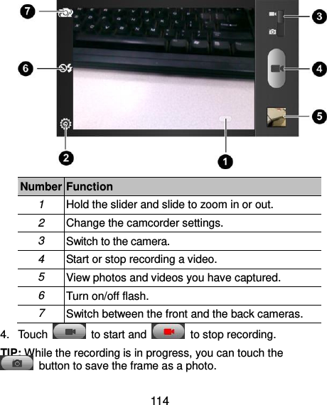  114  Number Function 1 Hold the slider and slide to zoom in or out. 2 Change the camcorder settings. 3 Switch to the camera. 4 Start or stop recording a video. 5 View photos and videos you have captured. 6 Turn on/off flash. 7 Switch between the front and the back cameras. 4.  Touch    to start and    to stop recording. TIP: While the recording is in progress, you can touch the   button to save the frame as a photo. 