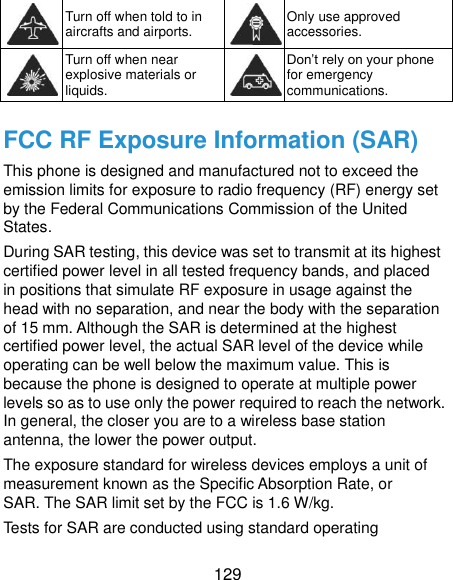  129  Turn off when told to in aircrafts and airports.  Only use approved accessories.  Turn off when near explosive materials or liquids.  Don’t rely on your phone for emergency communications.   FCC RF Exposure Information (SAR) This phone is designed and manufactured not to exceed the emission limits for exposure to radio frequency (RF) energy set by the Federal Communications Commission of the United States. During SAR testing, this device was set to transmit at its highest certified power level in all tested frequency bands, and placed in positions that simulate RF exposure in usage against the head with no separation, and near the body with the separation of 15 mm. Although the SAR is determined at the highest certified power level, the actual SAR level of the device while operating can be well below the maximum value. This is because the phone is designed to operate at multiple power levels so as to use only the power required to reach the network. In general, the closer you are to a wireless base station antenna, the lower the power output. The exposure standard for wireless devices employs a unit of measurement known as the Specific Absorption Rate, or SAR. The SAR limit set by the FCC is 1.6 W/kg.   Tests for SAR are conducted using standard operating 
