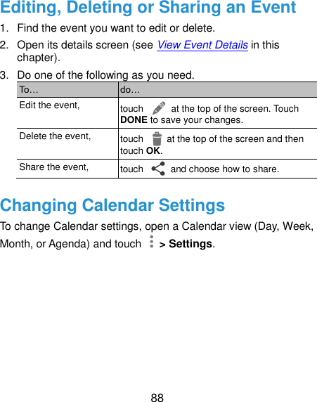  88 Editing, Deleting or Sharing an Event 1.  Find the event you want to edit or delete. 2.  Open its details screen (see View Event Details in this chapter). 3.  Do one of the following as you need. To… do… Edit the event, touch    at the top of the screen. Touch DONE to save your changes. Delete the event, touch    at the top of the screen and then touch OK. Share the event, touch    and choose how to share. Changing Calendar Settings To change Calendar settings, open a Calendar view (Day, Week, Month, or Agenda) and touch   &gt; Settings. 