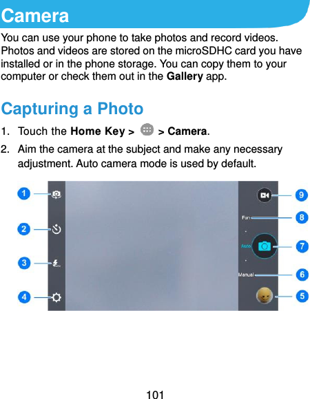  101 Camera You can use your phone to take photos and record videos. Photos and videos are stored on the microSDHC card you have installed or in the phone storage. You can copy them to your computer or check them out in the Gallery app. Capturing a Photo 1.  Touch the Home Key &gt;    &gt; Camera. 2.  Aim the camera at the subject and make any necessary adjustment. Auto camera mode is used by default.    