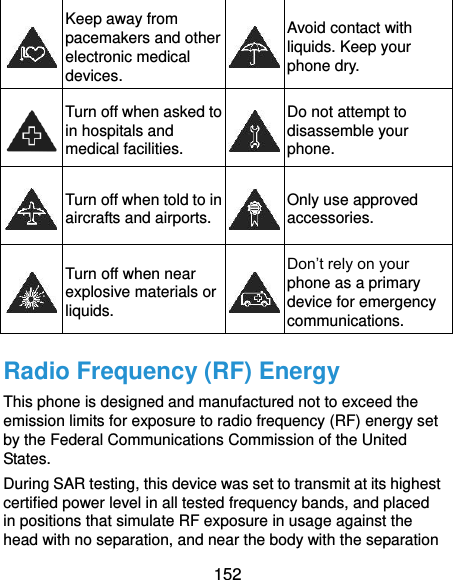  152  Keep away from pacemakers and other electronic medical devices.  Avoid contact with liquids. Keep your phone dry.  Turn off when asked to in hospitals and medical facilities.  Do not attempt to disassemble your phone.  Turn off when told to in aircrafts and airports.  Only use approved accessories.  Turn off when near explosive materials or liquids.  Don’t rely on your phone as a primary device for emergency communications.   Radio Frequency (RF) Energy This phone is designed and manufactured not to exceed the emission limits for exposure to radio frequency (RF) energy set by the Federal Communications Commission of the United States. During SAR testing, this device was set to transmit at its highest certified power level in all tested frequency bands, and placed in positions that simulate RF exposure in usage against the head with no separation, and near the body with the separation 