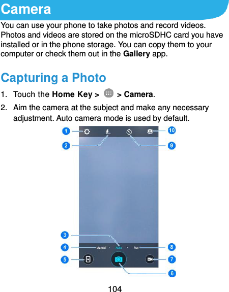  104 Camera You can use your phone to take photos and record videos. Photos and videos are stored on the microSDHC card you have installed or in the phone storage. You can copy them to your computer or check them out in the Gallery app. Capturing a Photo 1.  Touch the Home Key &gt;    &gt; Camera. 2.  Aim the camera at the subject and make any necessary adjustment. Auto camera mode is used by default.  