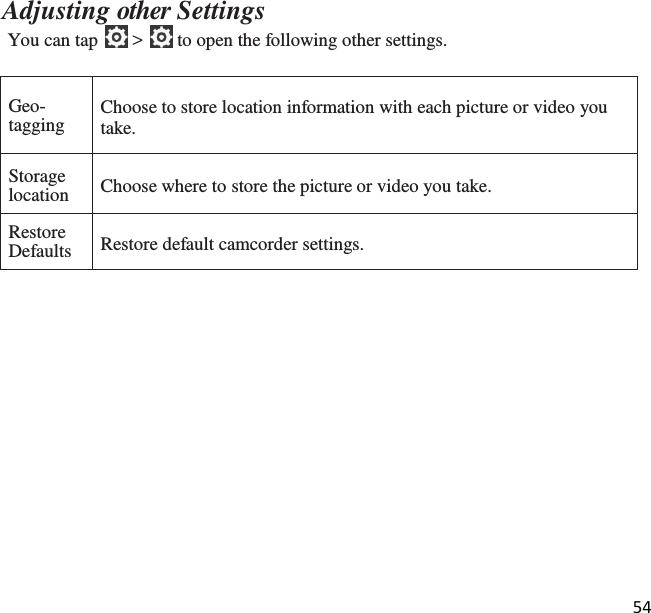 54  Adjusting other Settings You can tap   &gt;   to open the following other settings.  Geo-tagging  Choose to store location information with each picture or video you take.  Storage location  Choose where to store the picture or video you take.  Restore Defaults  Restore default camcorder settings.       