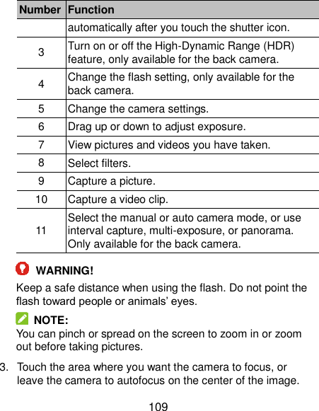  109 Number Function automatically after you touch the shutter icon. 3 Turn on or off the High-Dynamic Range (HDR) feature, only available for the back camera. 4 Change the flash setting, only available for the back camera. 5 Change the camera settings. 6 Drag up or down to adjust exposure. 7 View pictures and videos you have taken. 8 Select filters. 9 Capture a picture. 10 Capture a video clip. 11 Select the manual or auto camera mode, or use interval capture, multi-exposure, or panorama. Only available for the back camera.  WARNING! Keep a safe distance when using the flash. Do not point the flash toward people or animals’ eyes.   NOTE: You can pinch or spread on the screen to zoom in or zoom out before taking pictures. 3.  Touch the area where you want the camera to focus, or leave the camera to autofocus on the center of the image. 