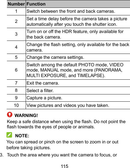  115 Number Function 1  Switch between the front and back cameras. 2  Set a time delay before the camera takes a picture automatically after you touch the shutter icon. 3  Turn on or off the HDR feature, only available for the back camera. 4 Change the flash setting, only available for the back camera. 5  Change the camera settings. 6 Switch among the default PHOTO mode, VIDEO mode, MANUAL mode, and more (PANORAMA, MULTI EXPOSURE, and TIMELAPSE). 7  Exit the camera. 8  Select a filter. 9  Capture a picture. 10  View pictures and videos you have taken.  WARNING! Keep a safe distance when using the flash. Do not point the flash towards the eyes of people or animals.  NOTE: You can spread or pinch on the screen to zoom in or out before taking pictures. 3.  Touch the area where you want the camera to focus, or 