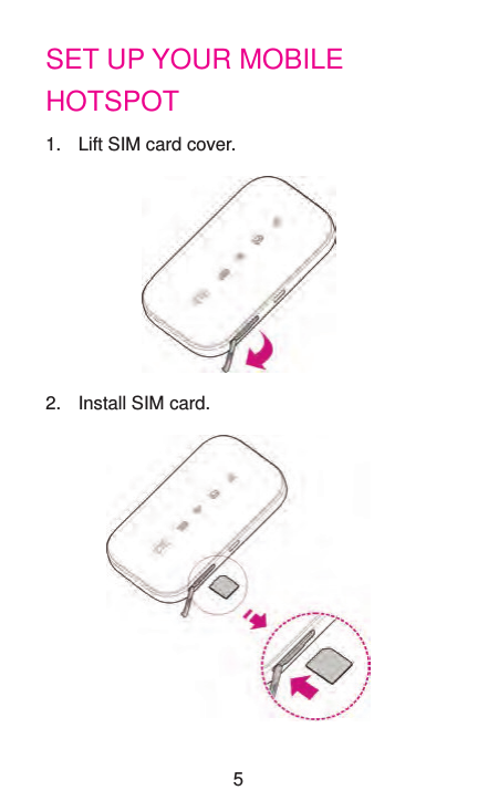 SET UP YOUR MOBILE HOTSPOT1.  Lift SIM card cover.2.  Install SIM card.  5