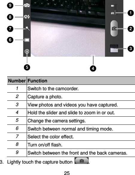  25  Number Function 1 Switch to the camcorder. 2 Capture a photo. 3 View photos and videos you have captured. 4 Hold the slider and slide to zoom in or out. 5 Change the camera settings. 6 Switch between normal and timing mode. 7 Select the color effect. 8 Turn on/off flash. 9 Switch between the front and the back cameras. 3.  Lightly touch the capture button  . 