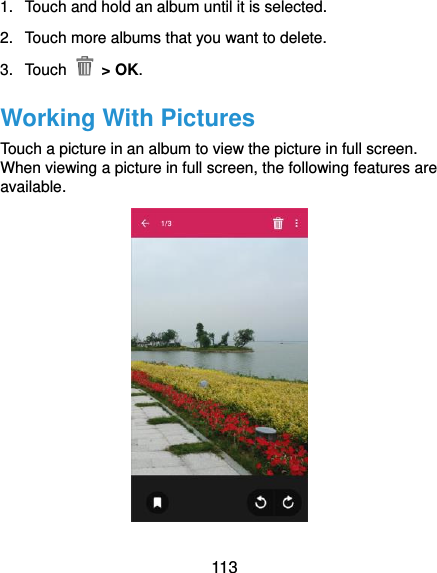  113 1.  Touch and hold an album until it is selected. 2.  Touch more albums that you want to delete. 3.  Touch    &gt; OK. Working With Pictures Touch a picture in an album to view the picture in full screen. When viewing a picture in full screen, the following features are available.  