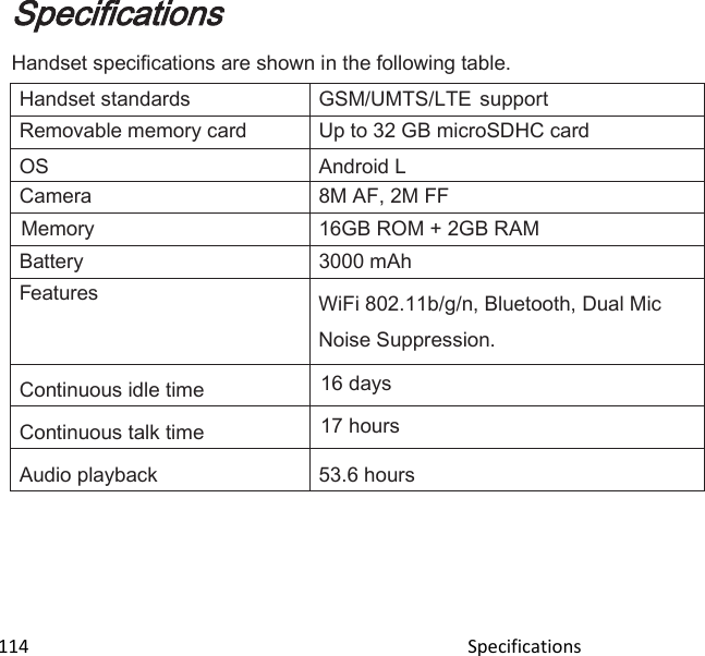  114                                                                                               Specifications                                      Specifications Handset specifications are shown in the following table.  Handset standards GSM/UMTS/LTE support Removable memory card Up to 32 GB microSDHC card OS  Android L Camera 8M AF, 2M FF Memory 16GB ROM + 2GB RAM     Battery 3000 mAh  Features WiFi 802.11b/g/n, Bluetooth, Dual Mic Noise Suppression. Continuous idle time 16 days Continuous talk time 17 hours Audio playback 53.6 hours  