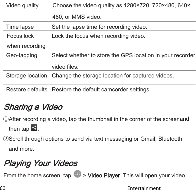  60                                                                                               Entertainment                                        Video quality Choose the video quality as 1280×720, 720×480, 640×480, or MMS video. Time lapse Set the lapse time for recording video. Focus lock when recording Lock the focus when recording video. Geo-tagging Select whether to store the GPS location in your recorder video files. Storage location Change the storage location for captured videos. Restore defaults Restore the default camcorder settings. Sharing a Video                           After recording a video, tap the thumbnail in the corner of the screenand then tap  . Scroll through options to send via text messaging or Gmail, Bluetooth, and more. Playing Your Videos From the home screen, tap   &gt; Video Player. This will open your video 