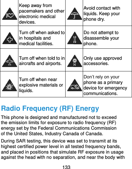  133  Keep away from pacemakers and other electronic medical devices.  Avoid contact with liquids. Keep your phone dry.  Turn off when asked to in hospitals and medical facilities.  Do not attempt to disassemble your phone.  Turn off when told to in aircrafts and airports.  Only use approved accessories.  Turn off when near explosive materials or liquids.  Don’t rely on your phone as a primary device for emergency communications.   Radio Frequency (RF) Energy This phone is designed and manufactured not to exceed the emission limits for exposure to radio frequency (RF) energy set by the Federal Communications Commission of the United States, Industry Canada of Canada. During SAR testing, this device was set to transmit at its highest certified power level in all tested frequency bands, and placed in positions that simulate RF exposure in usage against the head with no separation, and near the body with 