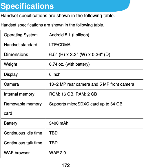  172 Specifications Handset specifications are shown in the following table.   Handset specifications are shown in the following table. Operating System Android 5.1 (Lollipop) Handset standard LTE/CDMA Dimensions 6.5&quot; (H) x 3.3&quot; (W) x 0.36&quot; (D) Weight 6.74 oz. (with battery) Display 6 inch Camera 13+2 MP rear camera and 5 MP front camera Internal memory ROM: 16 GB, RAM: 2 GB Removable memory card Supports microSDXC card up to 64 GB Battery 3400 mAh Continuous idle time TBD Continuous talk time TBD WAP browser WAP 2.0 