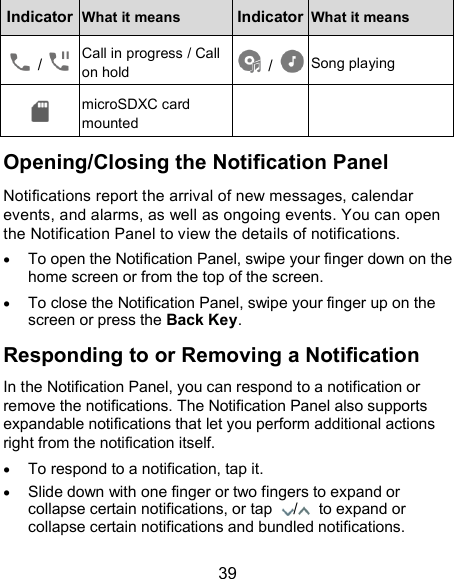  39 Indicator What it means Indicator What it means  /  Call in progress / Call on hold   /  Song playing  microSDXC card mounted   Opening/Closing the Notification Panel Notifications report the arrival of new messages, calendar events, and alarms, as well as ongoing events. You can open the Notification Panel to view the details of notifications.  To open the Notification Panel, swipe your finger down on the home screen or from the top of the screen.    To close the Notification Panel, swipe your finger up on the screen or press the Back Key. Responding to or Removing a Notification In the Notification Panel, you can respond to a notification or remove the notifications. The Notification Panel also supports expandable notifications that let you perform additional actions right from the notification itself.  To respond to a notification, tap it.  Slide down with one finger or two fingers to expand or collapse certain notifications, or tap  /   to expand or collapse certain notifications and bundled notifications. 