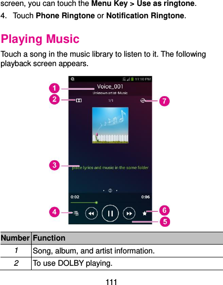  111 screen, you can touch the Menu Key &gt; Use as ringtone. 4.  Touch Phone Ringtone or Notification Ringtone. Playing Music Touch a song in the music library to listen to it. The following playback screen appears.  Number Function 1 Song, album, and artist information. 2 To use DOLBY playing.   
