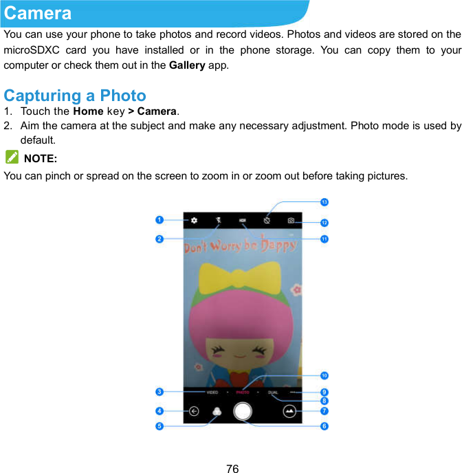  76 Camera You can use your phone to take photos and record videos. Photos and videos are stored on the microSDXC  card  you  have  installed  or  in  the  phone  storage.  You  can  copy  them  to  your computer or check them out in the Gallery app. Capturing a Photo 1.  Touch the Home key &gt; Camera. 2.  Aim the camera at the subject and make any necessary adjustment. Photo mode is used by default.   NOTE: You can pinch or spread on the screen to zoom in or zoom out before taking pictures.     