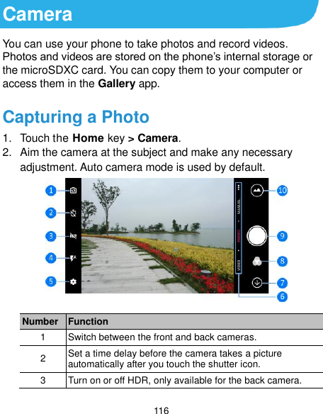  116 Camera You can use your phone to take photos and record videos. Photos and videos are stored on the phone’s internal storage or the microSDXC card. You can copy them to your computer or access them in the Gallery app. Capturing a Photo 1.  Touch the Home key &gt; Camera. 2.  Aim the camera at the subject and make any necessary adjustment. Auto camera mode is used by default.  Number Function 1 Switch between the front and back cameras. 2 Set a time delay before the camera takes a picture automatically after you touch the shutter icon. 3 Turn on or off HDR, only available for the back camera. 