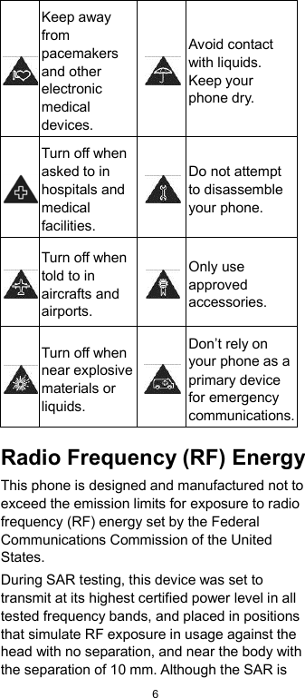  6 Keep away from pacemakers and other electronic medical devices.  Avoid contact with liquids. Keep your phone dry. Turn off when asked to in hospitals and medical facilities.  Do not attempt to disassemble your phone.  Turn off when told to in aircrafts and airports.  Only use approved accessories.  Turn off when near explosive materials or liquids.  Don’t rely on your phone as a primary device for emergency communications. Radio Frequency (RF) Energy This phone is designed and manufactured not to exceed the emission limits for exposure to radio frequency (RF) energy set by the Federal Communications Commission of the United States. During SAR testing, this device was set to transmit at its highest certified power level in all tested frequency bands, and placed in positions that simulate RF exposure in usage against the head with no separation, and near the body with the separation of 10 mm. Although the SAR is 