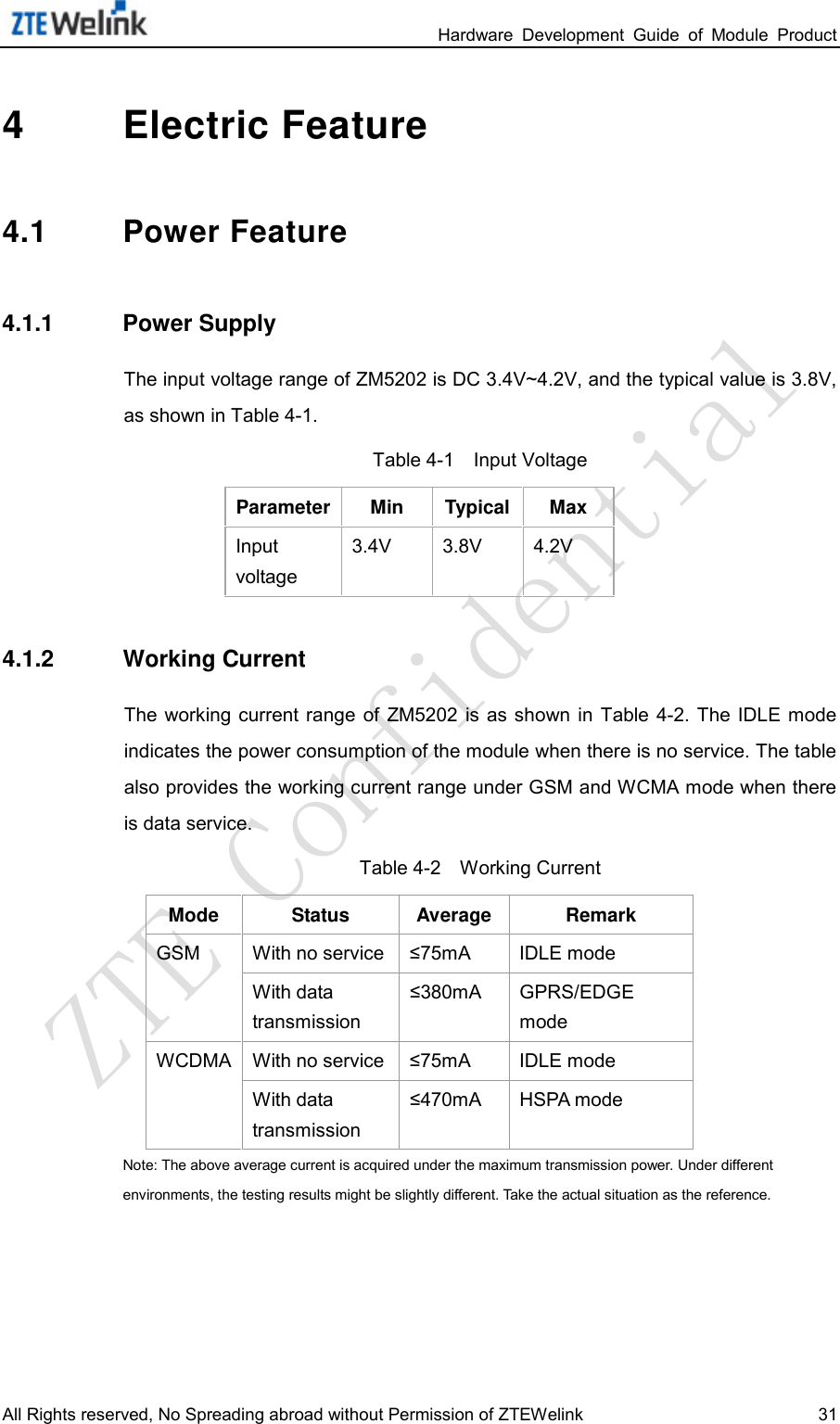                                                                 Hardware  Development  Guide  of  Module  Product All Rights reserved, No Spreading abroad without Permission of ZTEWelink 31 4  Electric Feature 4.1 Power Feature 4.1.1 Power Supply The input voltage range of ZM5202 is DC 3.4V~4.2V, and the typical value is 3.8V, as shown in Table 4-1.   Table 4-1    Input Voltage Parameter Min Typical Max Input voltage 3.4V 3.8V 4.2V 4.1.2 Working Current The  working current range of ZM5202 is as shown in Table  4-2.  The  IDLE mode indicates the power consumption of the module when there is no service. The table also provides the working current range under GSM and WCMA mode when there is data service.   Table 4-2    Working Current Mode Status Average Remark GSM With no service ≤75mA IDLE mode With data transmission ≤380mA GPRS/EDGE mode WCDMA With no service ≤75mA IDLE mode With data transmission ≤470mA HSPA mode Note: The above average current is acquired under the maximum transmission power. Under different environments, the testing results might be slightly different. Take the actual situation as the reference.    
