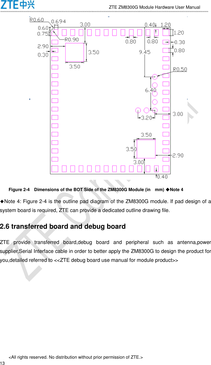                              ZTE ZM8300G Module Hardware User Manual &lt;All rights reserved. No distribution without prior permission of ZTE.&gt;                                                               13  Figure 2-4    Dimensions of the BOT Side of the ZM8300G Module (in    mm) ◆Note 4 ◆Note 4: Figure 2-4 is the outline pad diagram of the ZM8300G module. If pad design of a system board is required, ZTE can provide a dedicated outline drawing file. 2.6 transferred board and debug board ZTE  provide  transferred  board,debug  board  and  peripheral  such  as  antenna,power supplier,Serial Interface cable in order to better apply the ZM8300G to design the product for you,detailed referred to &lt;&lt;ZTE debug board use manual for module product&gt;&gt;    