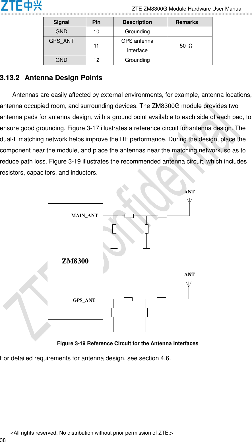                              ZTE ZM8300G Module Hardware User Manual &lt;All rights reserved. No distribution without prior permission of ZTE.&gt;                                                               38 Signal Pin Description Remarks GND 10 Grounding  GPS_ANT 11 GPS antenna interface 50  Ω GND 12 Grounding  3.13.2  Antenna Design Points Antennas are easily affected by external environments, for example, antenna locations, antenna occupied room, and surrounding devices. The ZM8300G module provides two antenna pads for antenna design, with a ground point available to each side of each pad, to ensure good grounding. Figure 3-17 illustrates a reference circuit for antenna design. The dual-L matching network helps improve the RF performance. During the design, place the component near the module, and place the antennas near the matching network, so as to reduce path loss. Figure 3-19 illustrates the recommended antenna circuit, which includes resistors, capacitors, and inductors. ZM8300ANTANTMAIN_ANTGPS_ANT Figure 3-19 Reference Circuit for the Antenna Interfaces For detailed requirements for antenna design, see section 4.6.    