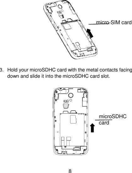 8  3.  Hold your microSDHC card with the metal contacts facing down and slide it into the microSDHC card slot.  micro-SIM card microSDHC card 