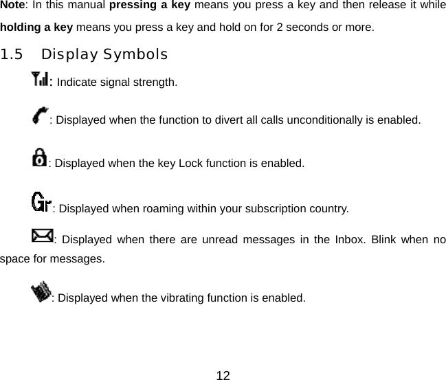 Note: In this manual pressing a key means you press a key and then release it while holding a key means you press a key and hold on for 2 seconds or more. 1.5 Display Symbols : Indicate signal strength. : Displayed when the function to divert all calls unconditionally is enabled. : Displayed when the key Lock function is enabled. : Displayed when roaming within your subscription country. : Displayed when there are unread messages in the Inbox. Blink when no space for messages. : Displayed when the vibrating function is enabled.   12 