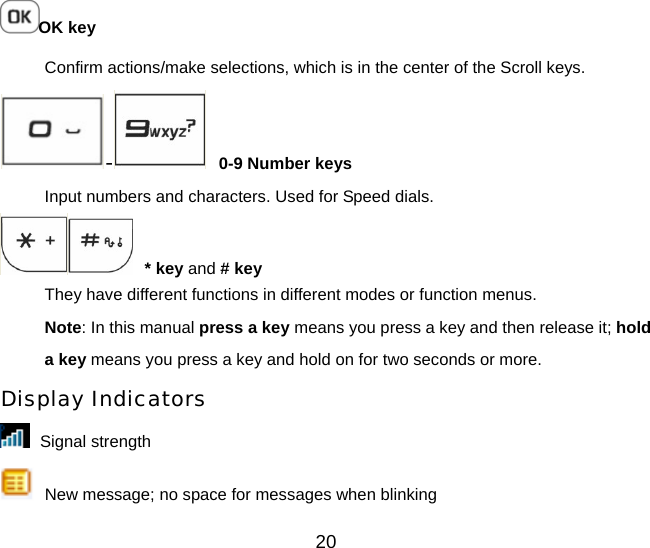 20 OK key Confirm actions/make selections, which is in the center of the Scroll keys. -   0-9 Number keys Input numbers and characters. Used for Speed dials.    * key and # key They have different functions in different modes or function menus. Note: In this manual press a key means you press a key and then release it; hold a key means you press a key and hold on for two seconds or more. Display Indicators  Signal strength  New message; no space for messages when blinking 