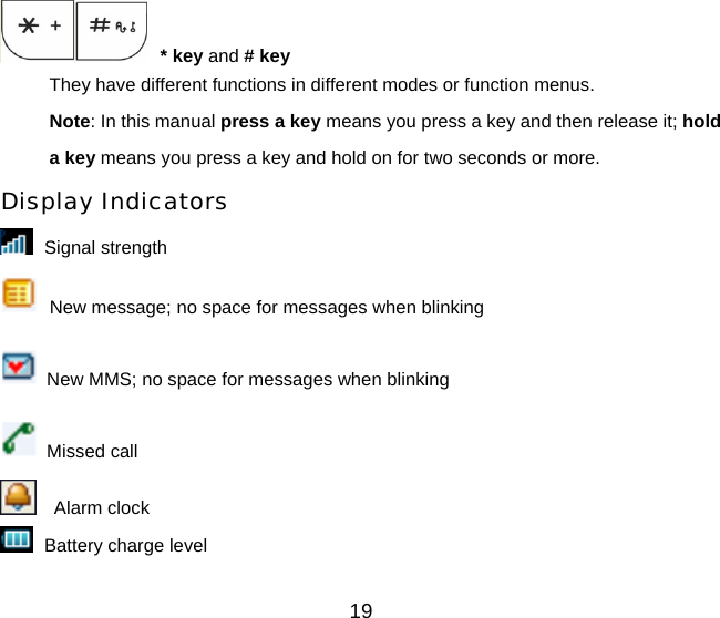 19  * key and # key They have different functions in different modes or function menus. Note: In this manual press a key means you press a key and then release it; hold a key means you press a key and hold on for two seconds or more. Display Indicators  Signal strength  New message; no space for messages when blinking   New MMS; no space for messages when blinking  Missed call   Alarm clock  Battery charge level 
