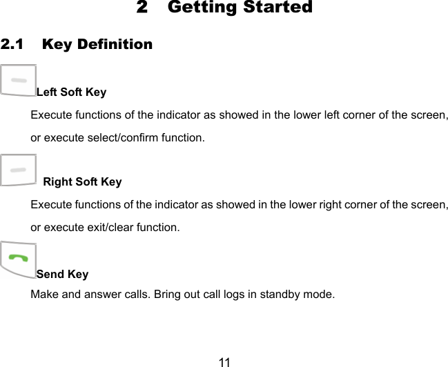 11 2 Getting Started 2.1 Key Definition Left Soft Key Execute functions of the indicator as showed in the lower left corner of the screen, or execute select/confirm function.  Right Soft Key Execute functions of the indicator as showed in the lower right corner of the screen, or execute exit/clear function. Send Key Make and answer calls. Bring out call logs in standby mode. 