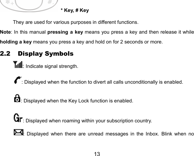 13  * Key, # Key They are used for various purposes in different functions. Note: In this manual pressing a key means you press a key and then release it while holding a key means you press a key and hold on for 2 seconds or more. 2.2 Display Symbols : Indicate signal strength. : Displayed when the function to divert all calls unconditionally is enabled. : Displayed when the Key Lock function is enabled. : Displayed when roaming within your subscription country. : Displayed when there are unread messages in the Inbox. Blink when no 