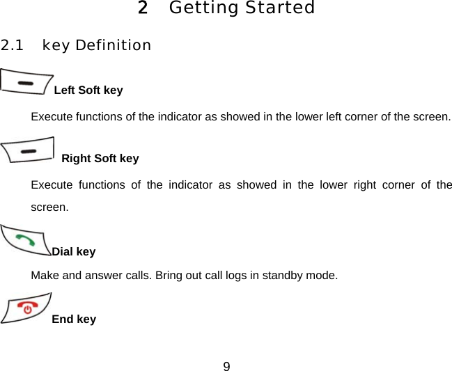 9 2  Getting Started 2.1 key Definition Left Soft key Execute functions of the indicator as showed in the lower left corner of the screen.  Right Soft key Execute functions of the indicator as showed in the lower right corner of the screen. Dial key Make and answer calls. Bring out call logs in standby mode. End key 